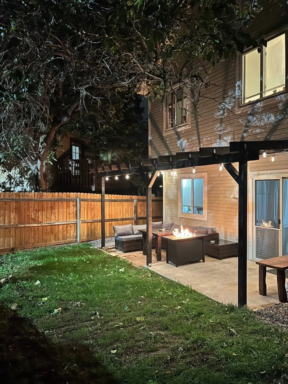Finished backyard patio with pergola